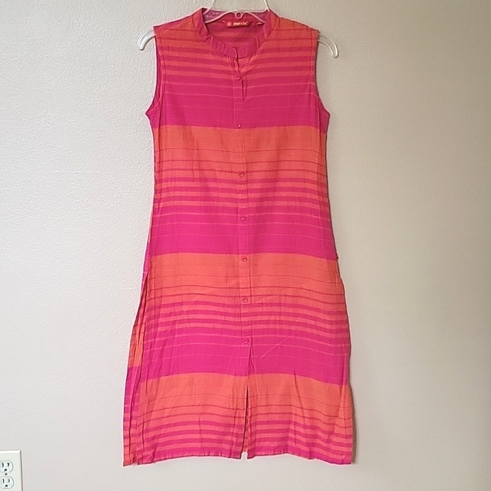 Marcia Tchikiboum Pink Orange Striped Split Side Midi Dress - Size Small